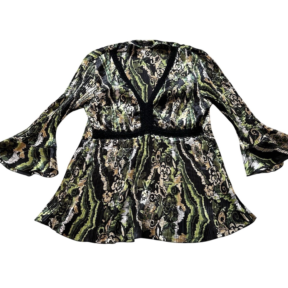 Fairy Grunge Babydoll Blouse Sz L Lace Bell Sleeve Festival Crinkle Green Black